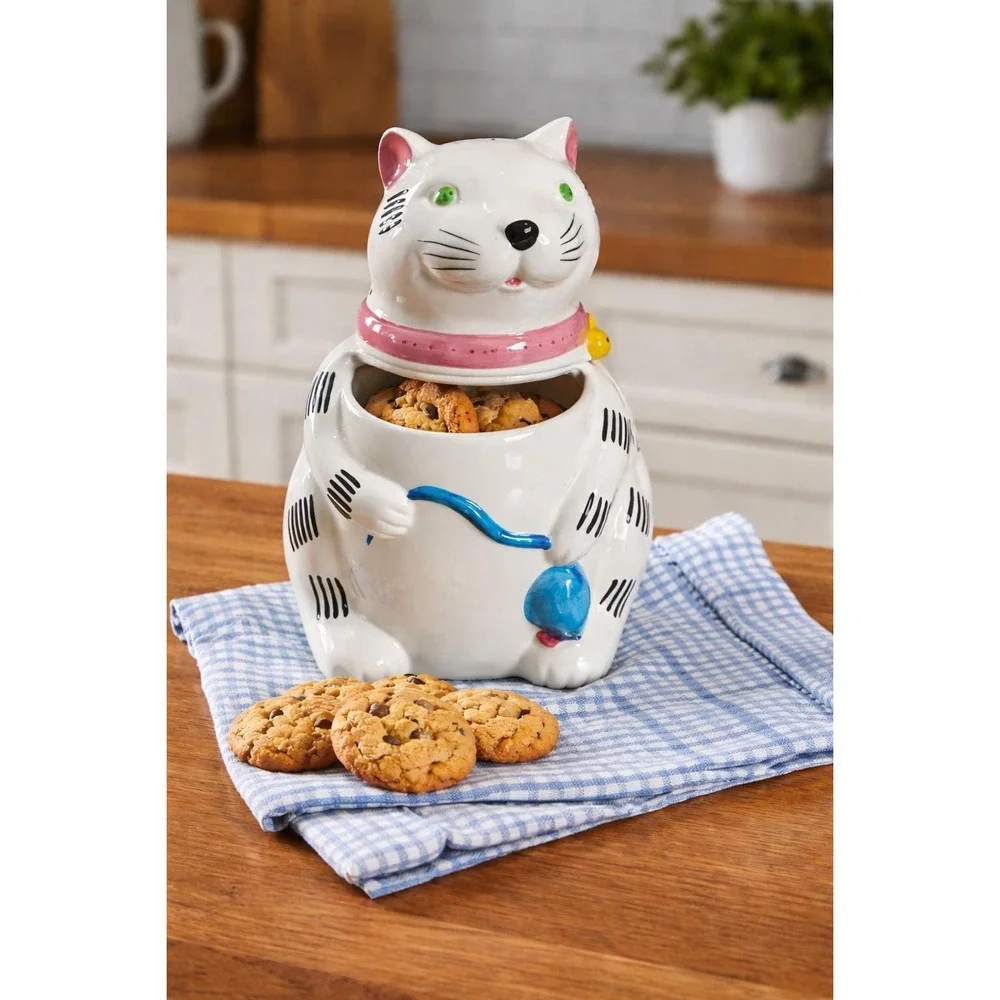 Vintage Ceramic Cat Cookie Jar‎ Taiwan White Cat w Mouse Yarn 1980s